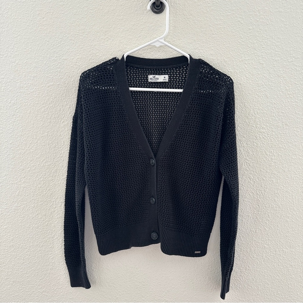 Hollister Open‎ Knit V-Neck Cardigan Black Mesh Cropped Coastal Y2K Grunge M